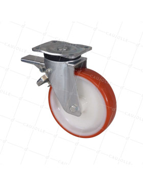 Castor OF SWIVEL HANDLING WITH BRAKE IN NYLON/POLYURETHANE DIAMETER 200 MM LOAD 300 KG - S74NP 200AF • Caujolle