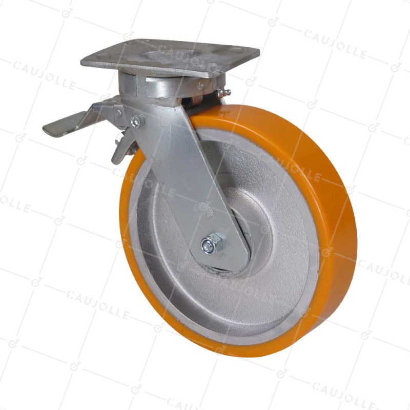 Castor SWIVEL WITH BRAKE REINFORCED POLYURETHANE WHEEL CAST IRON DIAMETER 250 MM LOAD 1400KG - S80 250P AF