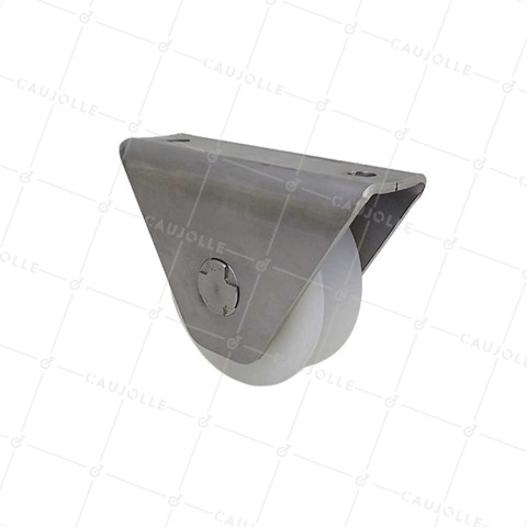 Wheel GATE IN NYLON WITH STAINLESS STEEL MOUNTING FOR SCREWING OR WELDING DIAMETER 80 MM FOR TRIANGULAR RAIL LOAD 650 KG - MTSP GV80 NYLON STAINLESS STEEL • Caujolle