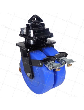 BLUE NYLON CONTAINER WHEEL DOUBLE 305 MM LOAD 3600KG TWIST-LOCK FIXING • Caujolle