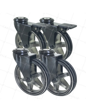 LOT DE 4 ROULETTES DESIGN RÉTRO À OEIL EN ALUMINIUM NOIR BROSSÉ DIAMÈTRE 125 MM • Caujolle