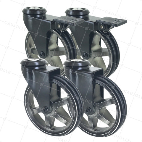 SET OF 4 CASTERS RETRO DESIGN WITH EYE IN BRUSHED BLACK ALUMINUM DIAMETER 125 MM • Caujolle