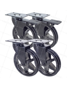 SET OF 4 CASTERS RETRO DESIGN WITH PLATE IN BRUSHED BLACK ALUMINUM DIAMETER 125 MM • Caujolle