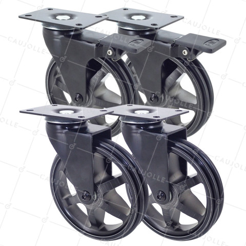 SET OF 4 CASTERS RETRO DESIGN WITH PLATE IN BRUSHED BLACK ALUMINUM DIAMETER 125 MM • Caujolle
