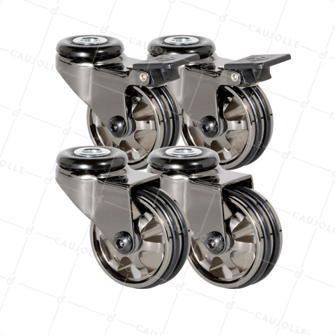 LOT DE 4 ROULETTES DESIGN RÉTRO À OEIL EN NOIR BRILLANT DIAMÈTRE 50 MM • Caujolle