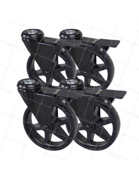 LOT DE 4 ROULETTES DESIGN RÉTRO À OEIL À FREIN EN ALUMINIUM NOIR DIAMÈTRE 125 MM • Caujolle