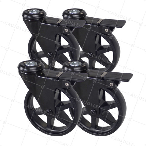 SET OF 4 WHEELS RETRO DESIGN WITH EYE BRAKE IN BLACK ALUMINUM DIAMETER 125 MM • Caujolle