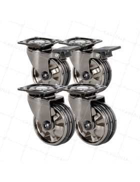 LOT DE 4 ROULETTES DESIGN RÉTRO À PLATINE EN NOIR BRILLANT DIAMÈTRE 50 MM • Caujolle