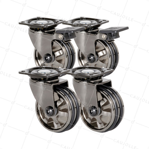 LOT DE 4 ROULETTES DESIGN RÉTRO À PLATINE EN NOIR BRILLANT DIAMÈTRE 50 MM • Caujolle