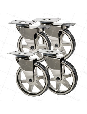 LOT DE 4 ROULETTES DESIGN RÉTRO À PLATINE EN NOIR BRILLANT DIAMÈTRE 125 MM • Caujolle