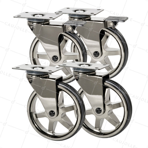 LOT DE 4 ROULETTES DESIGN RÉTRO À PLATINE EN NOIR BRILLANT DIAMÈTRE 125 MM • Caujolle