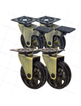SET OF 4 WHEELS RETRO DESIGN WITH PLATE IN GOLDEN ALUMINUM DIAMETER 75 MM • Caujolle