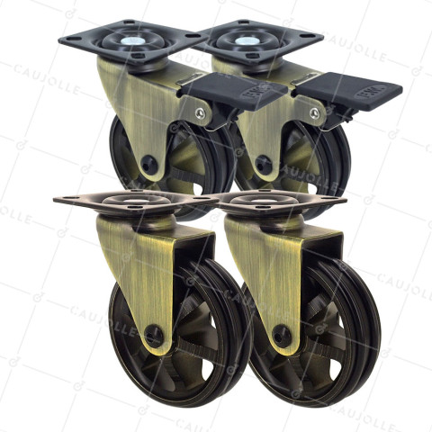 SET OF 4 WHEELS RETRO DESIGN WITH PLATE IN GOLDEN ALUMINUM DIAMETER 75 MM • Caujolle
