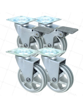 LOT DE 4 ROULETTES DESIGN RÉTRO À OEIL ALUMINIUM GRIS DIAMÈTRE 75 MM • Caujolle