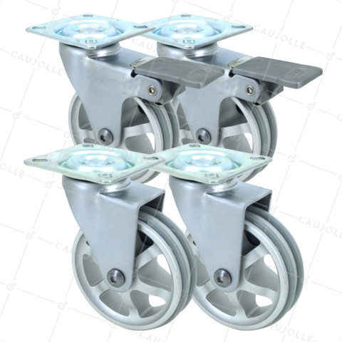 LOT DE 4 ROULETTES DESIGN RÉTRO À OEIL ALUMINIUM GRIS DIAMÈTRE 75 MM • Caujolle