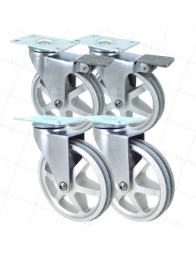 LOT DE 4 ROULETTES DESIGN RÉTRO À OEIL ALUMINIUM GRIS DIAMÈTRE 125 MM • Caujolle