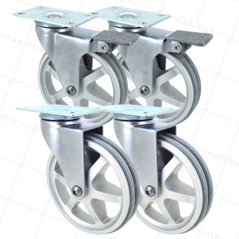 SET OF 4 CASTERS RETRO DESIGN WITH EYE GRAY ALUMINUM DIAMETER 125 MM • Caujolle