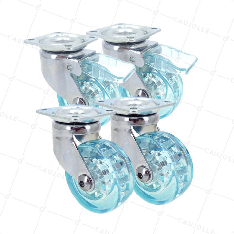 LOT DE 4 ROULETTES DESIGN TRANSPARENTE BLEUE DIAMÈTRE 50 MM • Caujolle