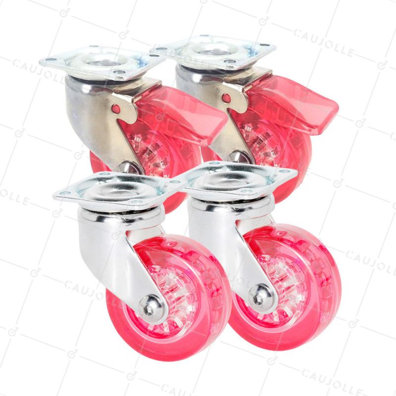 LOT DE 4 ROULETTES DESIGN TRANSPARENTE ROUGE DIAMÈTRE 50 MM