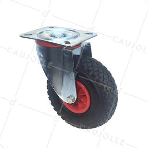 Roue Pivotante Pneumatique 2.50-4 - Charge Max 120 Kg - Plaque Acier à Visser - Pour Chariot, Meuble, Palette - Noir/Argenté