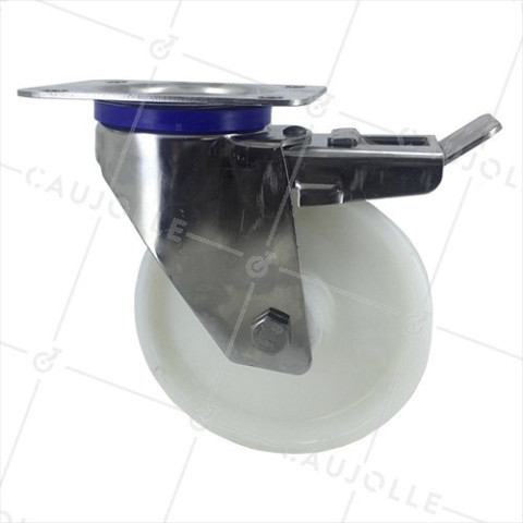 Roulette Pivotante INOX Freinée - Diamètre 125mm, Roue Polyamide Blanc - Charge 300 Kg - Pour Sols Lisses