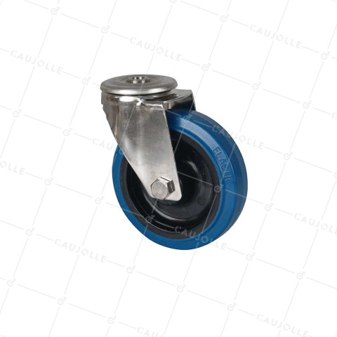 Castor STAINLESS STEEL WITH EYE IN ELASTIC RUBBER WITH BRAKE DIAMETER 125 MM LOAD 150 KG - STAINLESS STEEL O 125NS BLUE • Caujolle